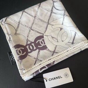 Authentic CHANEL Cream and Gray Logo Scarf